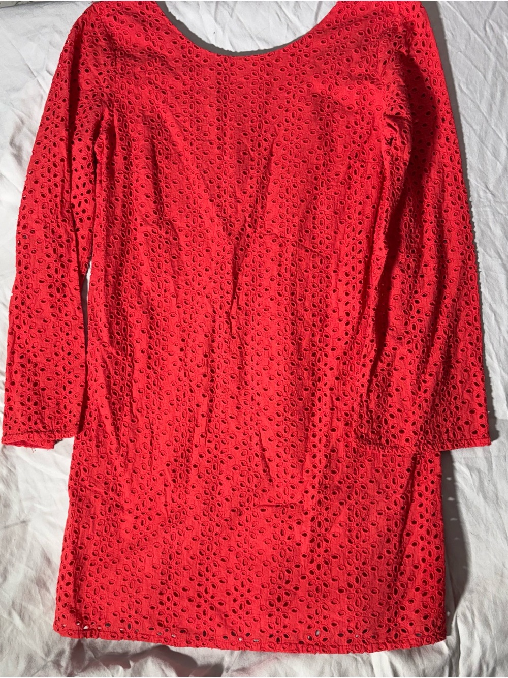 Red Long-Sleeve Eyelet Shift Dress